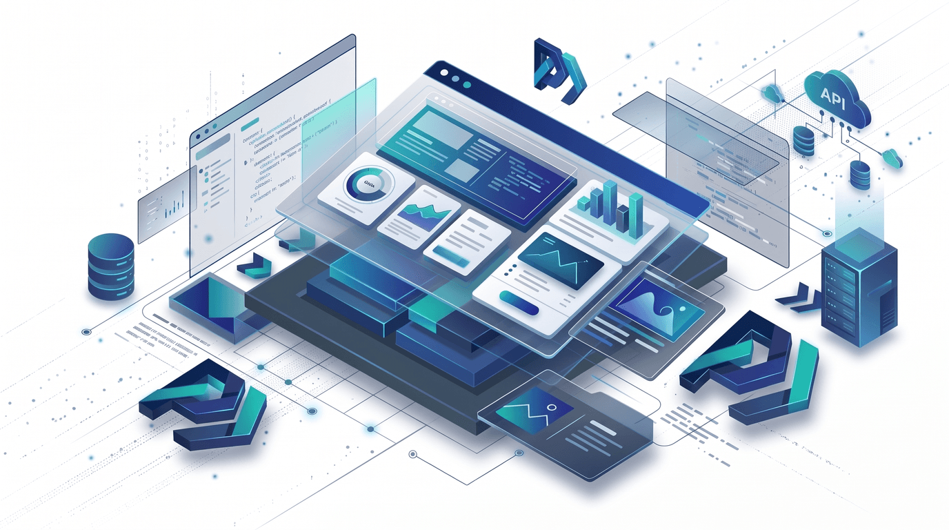 Isometric illustration of a website taking shape — blue chevron forms build up a page on a screen, with a floating panel showing a map and page sections.